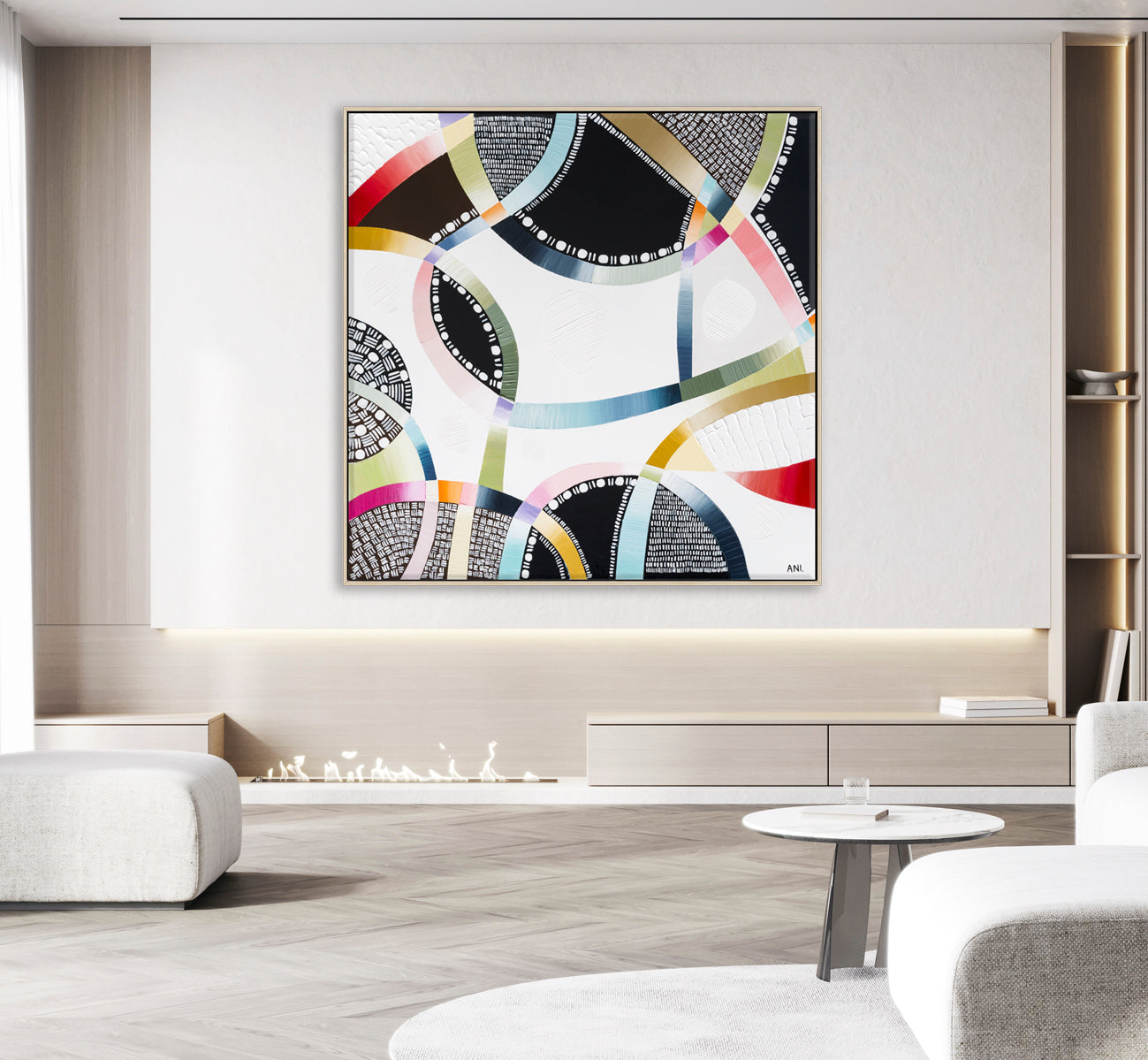 Snow-Capped Memories abstract painting by Australian artist Ani Ipradjian, inspired by Mt Buller, Mt Hotham, Falls Creek, and the Snowy Mountains. Features cool winter tones and textured layers, perfect for art collectors, ski lovers, and nature-inspired interiors in Australia and worldwide.