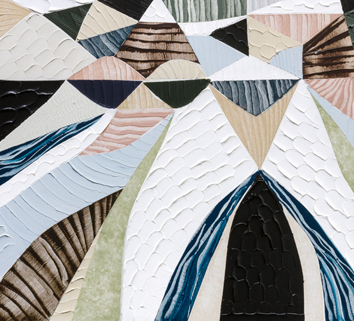Spirit of the Ranges, original Australian abstract landscape painting by Melbourne artist Ani Ipradjian, deconstructing the Great Dividing Plateau collection through layered textures, colours and geometric shapes inspired by Australia's Great Dividing Ranges. Contemporary mixed media mountain landscape artwork on canvas.