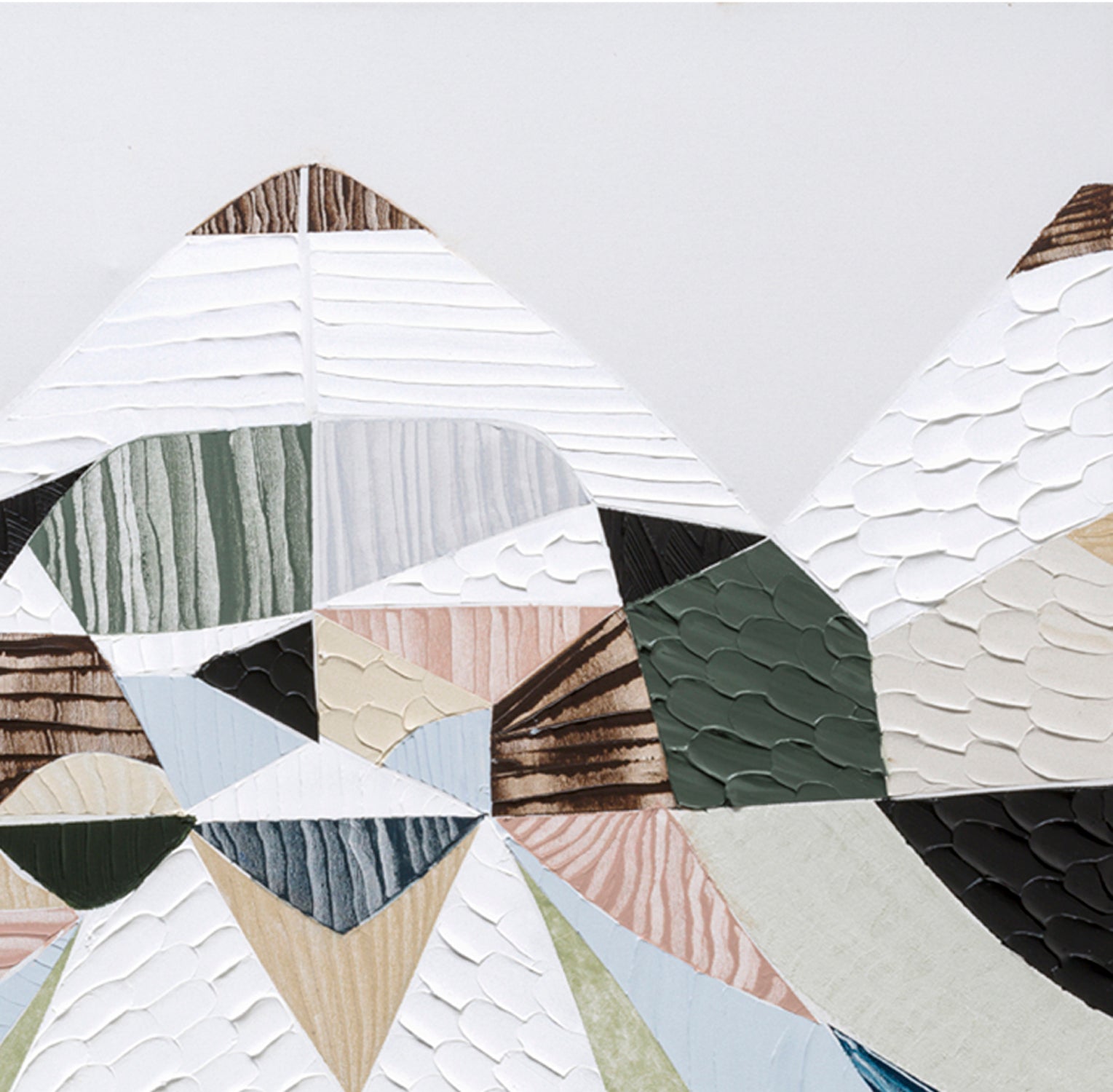 Spirit of the Ranges, original Australian abstract landscape painting by Melbourne artist Ani Ipradjian, deconstructing the Great Dividing Plateau collection through layered textures, colours and geometric shapes inspired by Australia's Great Dividing Ranges. Contemporary mixed media mountain landscape artwork on canvas.