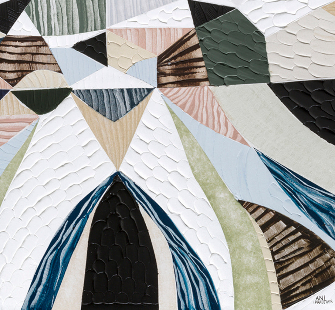 Spirit of the Ranges, original Australian abstract landscape painting by Melbourne artist Ani Ipradjian, deconstructing the Great Dividing Plateau collection through layered textures, colours and geometric shapes inspired by Australia's Great Dividing Ranges. Contemporary mixed media mountain landscape artwork on canvas.