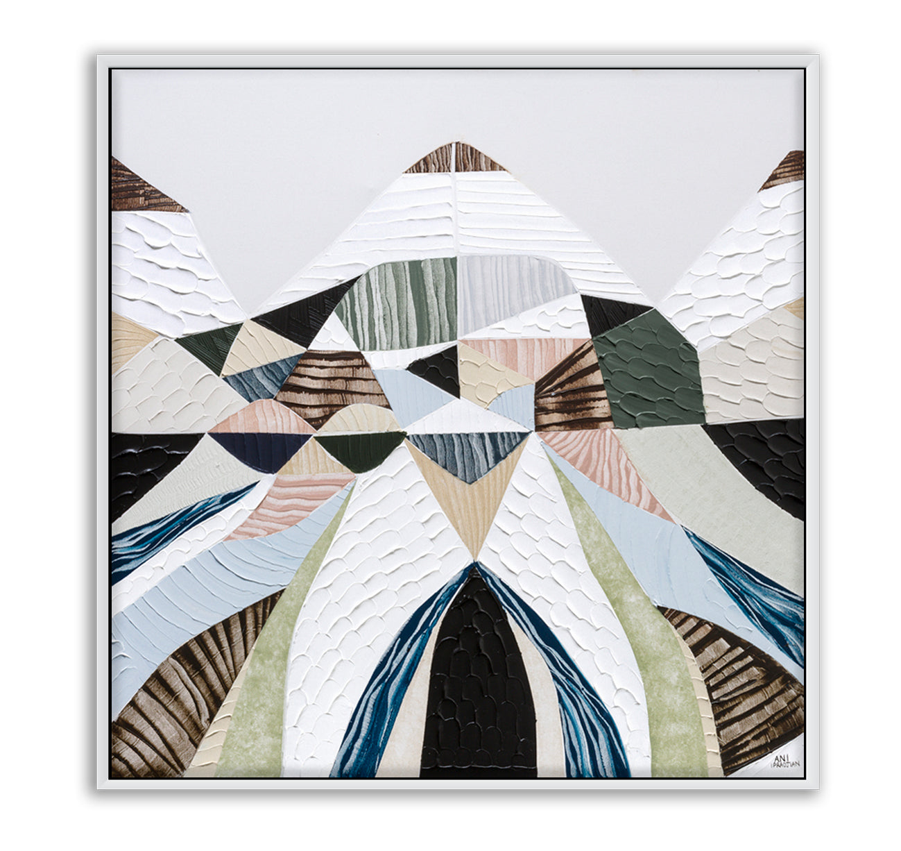 Spirit of the Ranges, original Australian abstract landscape painting by Melbourne artist Ani Ipradjian, deconstructing the Great Dividing Plateau collection through layered textures, colours and geometric shapes inspired by Australia's Great Dividing Ranges. Contemporary mixed media mountain landscape artwork on canvas.