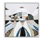 Spirit of the Ranges, original Australian abstract landscape painting by Melbourne artist Ani Ipradjian, deconstructing the Great Dividing Plateau collection through layered textures, colours and geometric shapes inspired by Australia's Great Dividing Ranges. Contemporary mixed media mountain landscape artwork on canvas.