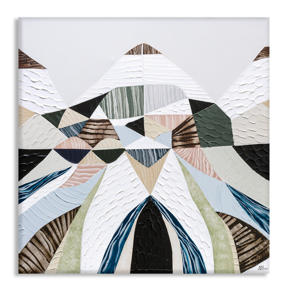 Spirit of the Ranges, original Australian abstract landscape painting by Melbourne artist Ani Ipradjian, deconstructing the Great Dividing Plateau collection through layered textures, colours and geometric shapes inspired by Australia's Great Dividing Ranges. Contemporary mixed media mountain landscape artwork on canvas.