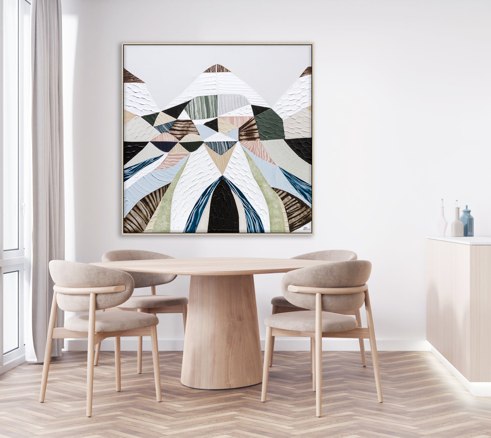 Spirit of the Ranges, original Australian abstract landscape painting by Melbourne artist Ani Ipradjian, deconstructing the Great Dividing Plateau collection through layered textures, colours and geometric shapes inspired by Australia's Great Dividing Ranges. Contemporary mixed media mountain landscape artwork on canvas.