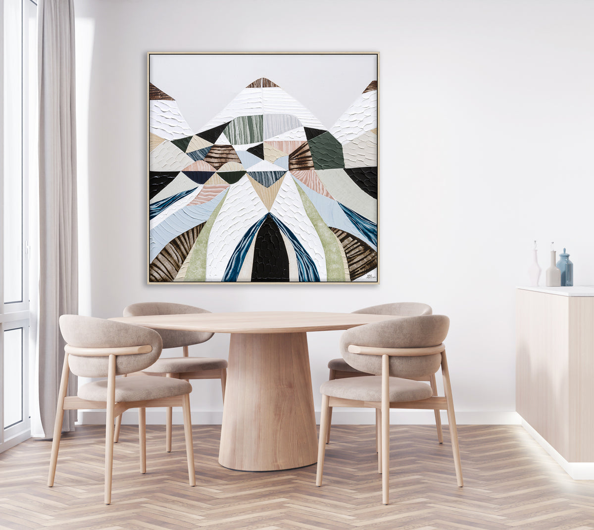 Spirit of the Ranges, original Australian abstract landscape painting by Melbourne artist Ani Ipradjian, deconstructing the Great Dividing Plateau collection through layered textures, colours and geometric shapes inspired by Australia's Great Dividing Ranges. Contemporary mixed media mountain landscape artwork on canvas.