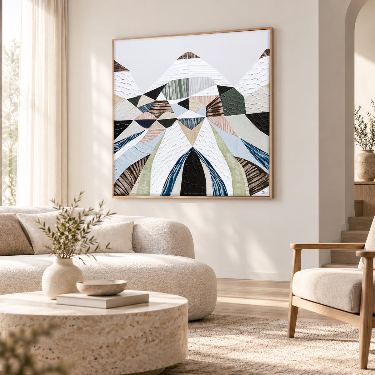 Spirit of the Ranges, original Australian abstract landscape painting by Melbourne artist Ani Ipradjian, deconstructing the Great Dividing Plateau collection through layered textures, colours and geometric shapes inspired by Australia's Great Dividing Ranges. Contemporary mixed media mountain landscape artwork on canvas.