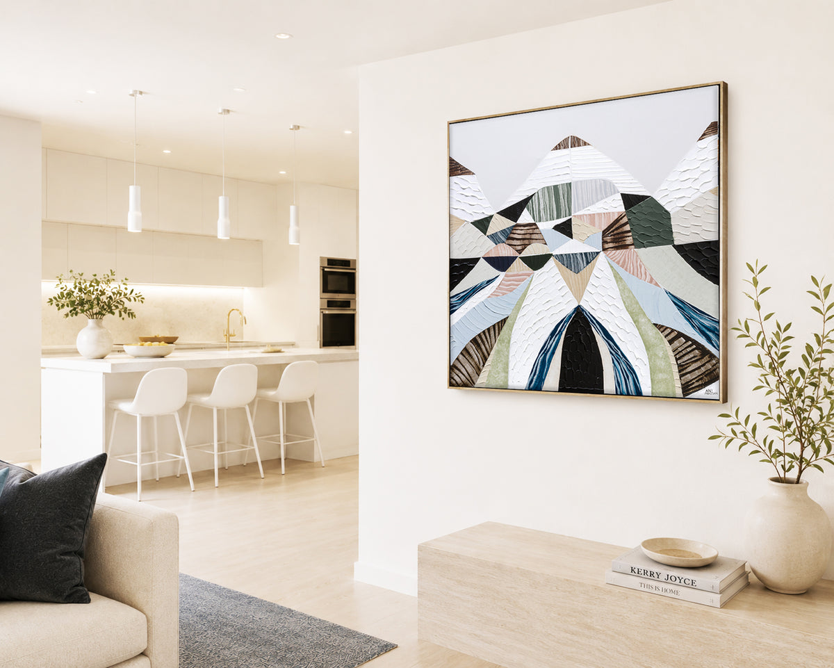Spirit of the Ranges, original Australian abstract landscape painting by Melbourne artist Ani Ipradjian, deconstructing the Great Dividing Plateau collection through layered textures, colours and geometric shapes inspired by Australia's Great Dividing Ranges. Contemporary mixed media mountain landscape artwork on canvas.