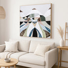 Spirit of the Ranges, original Australian abstract landscape painting by Melbourne artist Ani Ipradjian, deconstructing the Great Dividing Plateau collection through layered textures, colours and geometric shapes inspired by Australia's Great Dividing Ranges. Contemporary mixed media mountain landscape artwork on canvas.