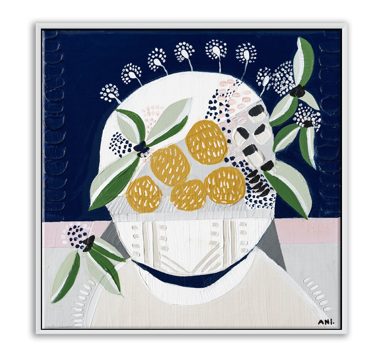 Sunshine Blossom floral print by Ani Ipradjian. Abstract artwork featuring yellow native Australian blooms in a textured, vibrant style. Part of the Abstract Bouquet Collection.