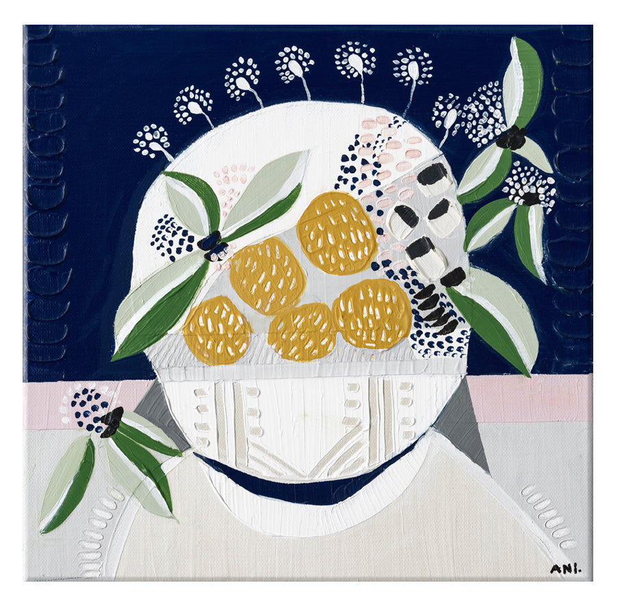 Sunshine Blossom floral print by Ani Ipradjian. Abstract artwork featuring yellow native Australian blooms in a textured, vibrant style. Part of the Abstract Bouquet Collection.