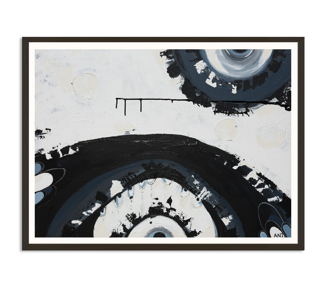 Abstract art print with black, white, and gray circular patterns in a black frame.Sydney Harbour Bridge print by Ani Ipradjian – abstract representation of the iconic steel bridge in Sydney, featuring textured arches and industrial design elements.