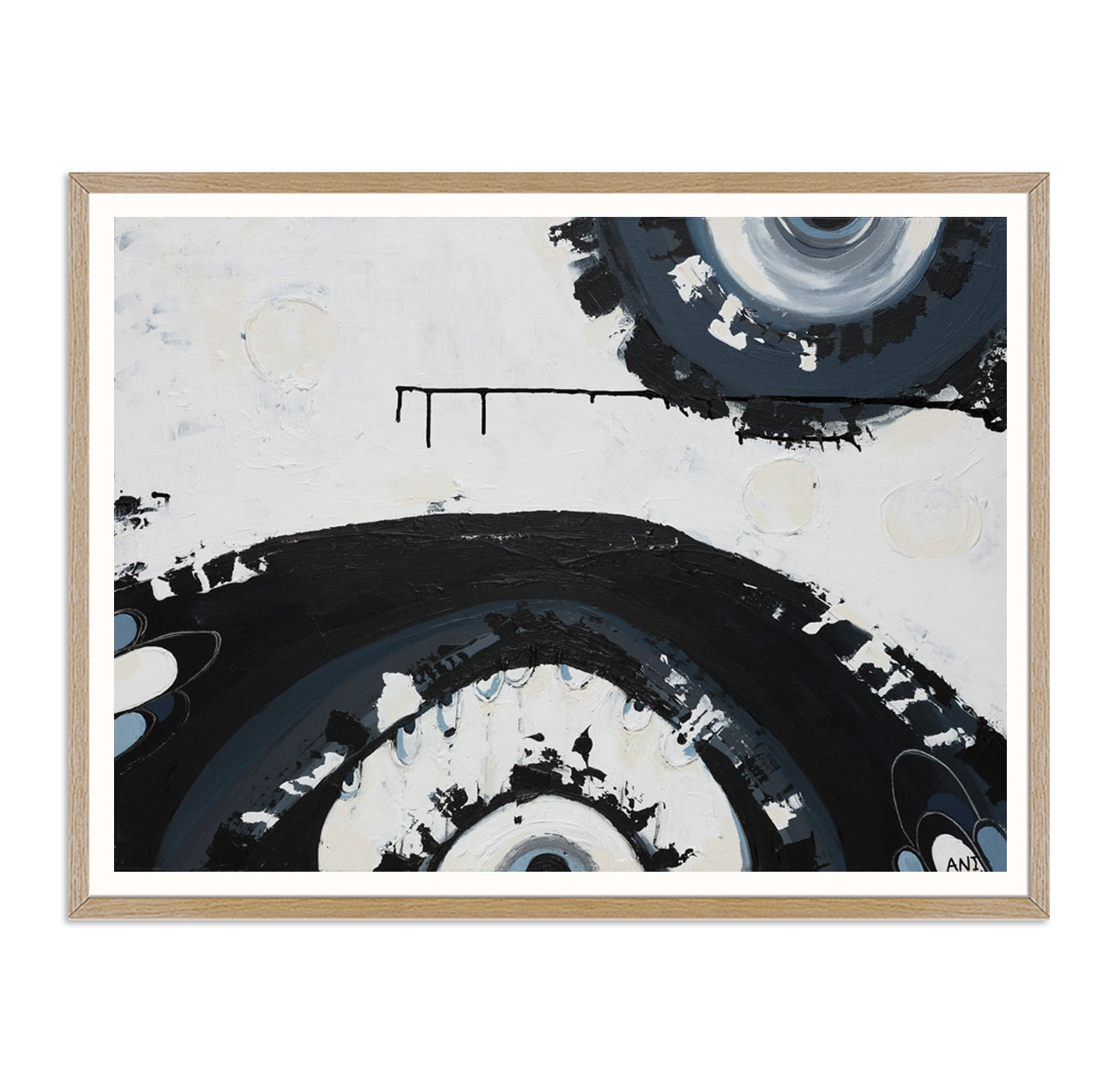 Abstract art print with black, white, and blue circular patterns in a wooden frame. Sydney Harbour Bridge print by Ani Ipradjian – abstract representation of the iconic steel bridge in Sydney, featuring textured arches and industrial design elements.