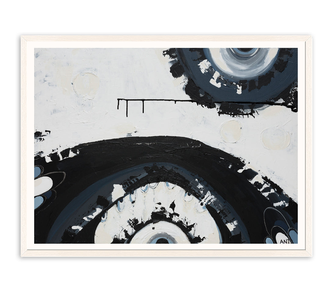 Abstract art print with black, white, and gray circular patterns on a white backgroundSydney Harbour Bridge print by Ani Ipradjian – abstract representation of the iconic steel bridge in Sydney, featuring textured arches and industrial design elements.