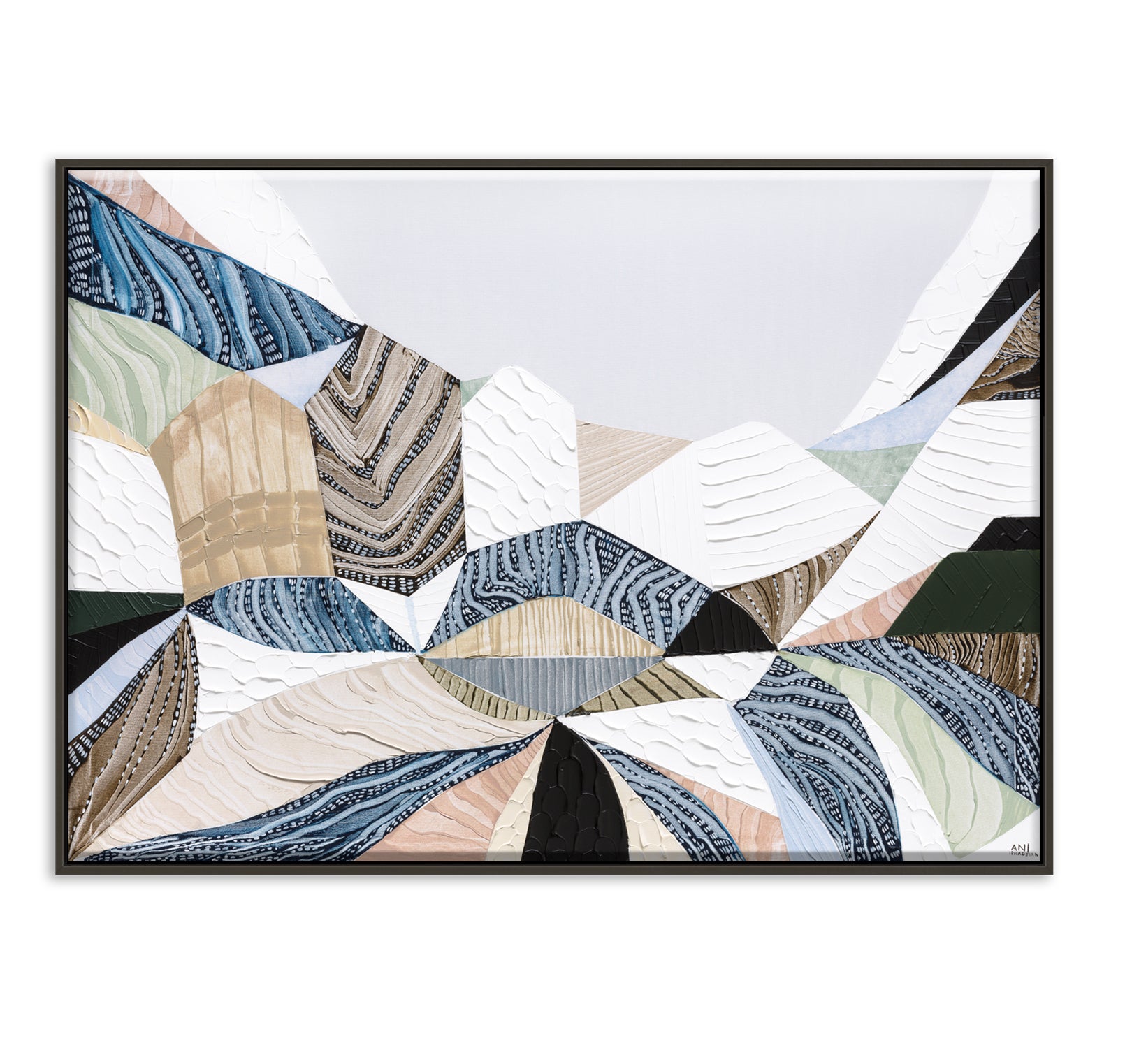 Three Sisters original abstract landscape painting by Australian artist Ani Ipradjian, inspired by the iconic Blue Mountains in Katoomba, New South Wales. Contemporary Australian wall art featuring rich textures, earthy tones, sandstone formations, and expressive colour, celebrating one of Australia's most famous natural landmarks for art collectors and modern interiors.