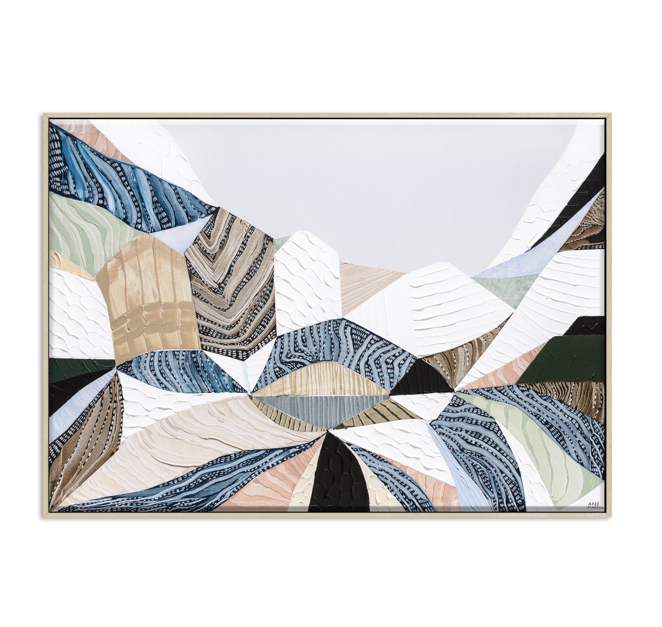 Three Sisters original abstract landscape painting by Australian artist Ani Ipradjian, inspired by the iconic Blue Mountains in Katoomba, New South Wales. Contemporary Australian wall art featuring rich textures, earthy tones, sandstone formations, and expressive colour, celebrating one of Australia's most famous natural landmarks for art collectors and modern interiors.