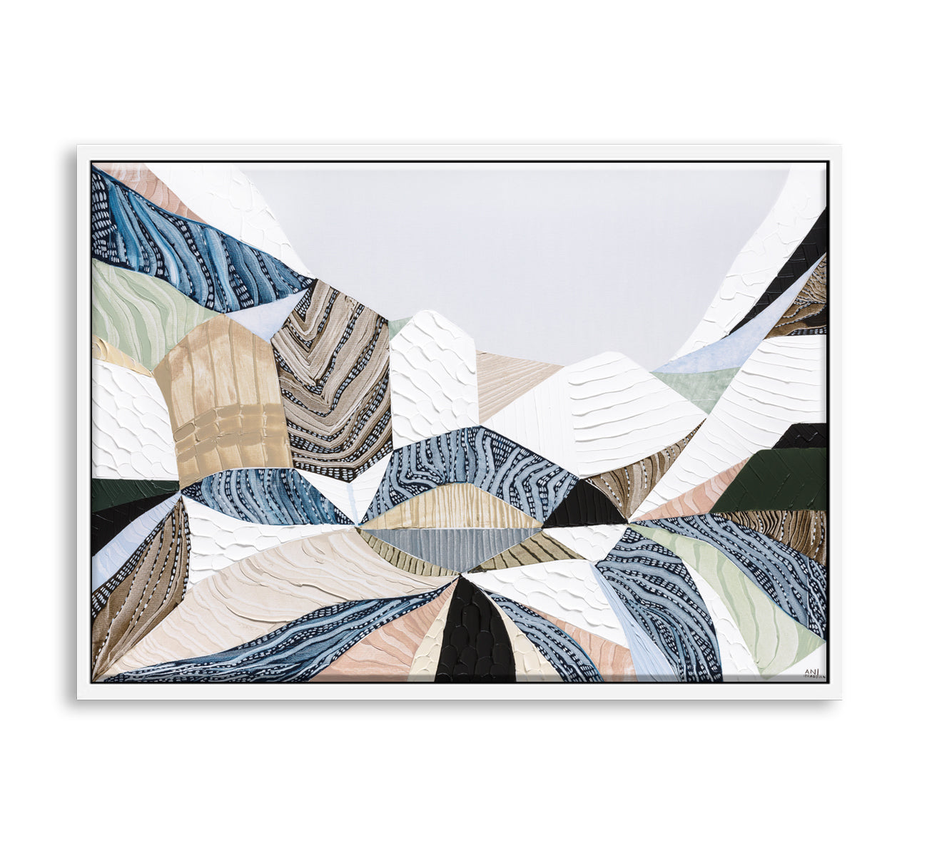 Three Sisters original abstract landscape painting by Australian artist Ani Ipradjian, inspired by the iconic Blue Mountains in Katoomba, New South Wales. Contemporary Australian wall art featuring rich textures, earthy tones, sandstone formations, and expressive colour, celebrating one of Australia's most famous natural landmarks for art collectors and modern interiors.