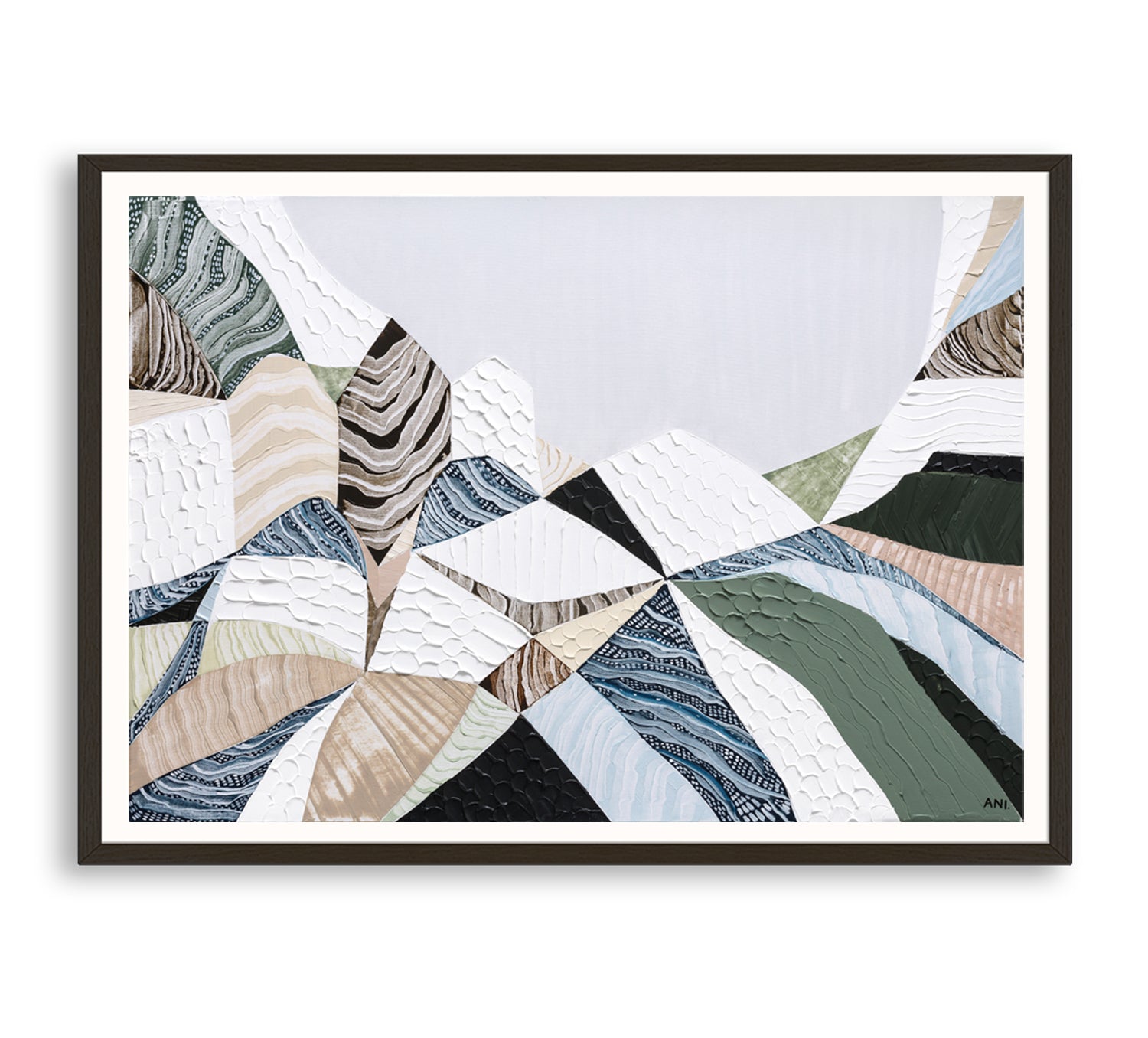 Three Sisters Blue Mountains abstract landscape print showcasing iconic sandstone cliffs in Katoomba NSW Australia, modern Australian wall art with earthy colours, textured design, and scenic mountain landscape for home or office decor
