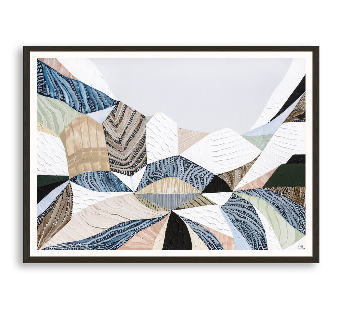 Three Sisters original abstract landscape art by Australian artist Ani Ipradjian, inspired by the iconic Blue Mountains in Katoomba, New South Wales. Contemporary Australian wall art featuring rich textures, earthy tones, sandstone formations, and expressive colour, celebrating one of Australia's most famous natural landmarks for art collectors and modern interiors.