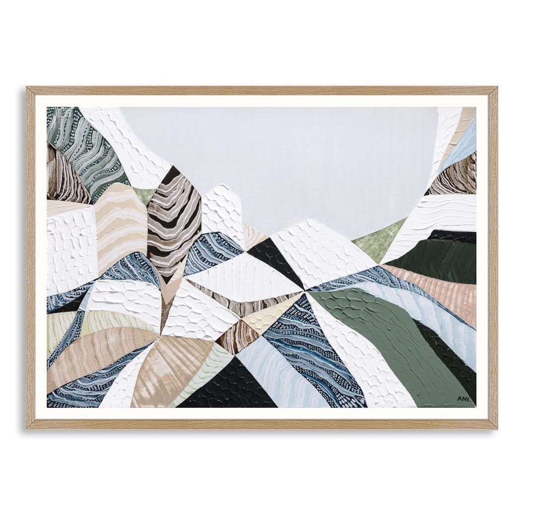 Three Sisters Blue Mountains abstract landscape print showcasing iconic sandstone cliffs in Katoomba NSW Australia, modern Australian wall art with earthy colours, textured design, and scenic mountain landscape for home or office decor