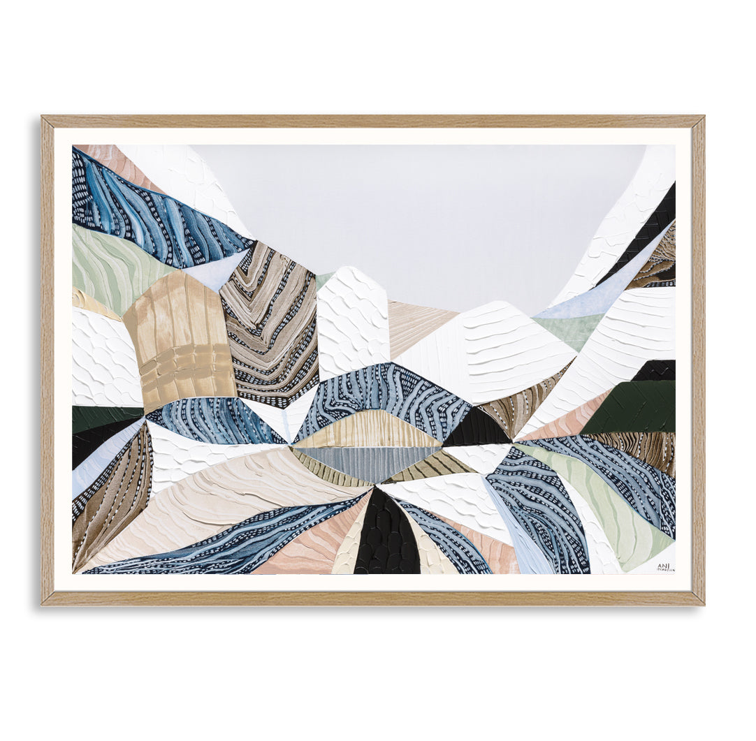 Three Sisters original abstract landscape art by Australian artist Ani Ipradjian, inspired by the iconic Blue Mountains in Katoomba, New South Wales. Contemporary Australian wall art featuring rich textures, earthy tones, sandstone formations, and expressive colour, celebrating one of Australia's most famous natural landmarks for art collectors and modern interiors.