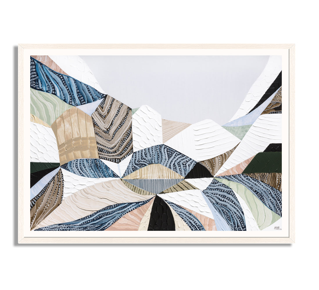 Three Sisters original abstract landscape art by Australian artist Ani Ipradjian, inspired by the iconic Blue Mountains in Katoomba, New South Wales. Contemporary Australian wall art featuring rich textures, earthy tones, sandstone formations, and expressive colour, celebrating one of Australia's most famous natural landmarks for art collectors and modern interiors.