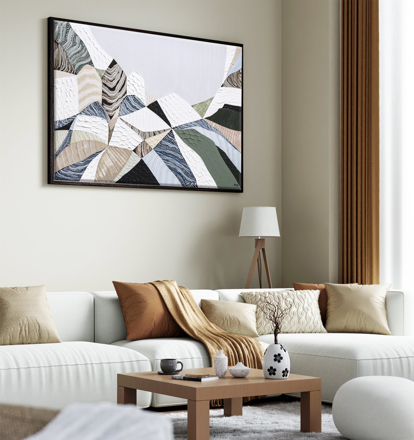Three Sisters Blue Mountains original abstract landscape painting featuring iconic sandstone rock formation at Echo Point Katoomba Australia, textured contemporary Australian artwork with earthy tones, layered brushstrokes, and dramatic mountain scenery