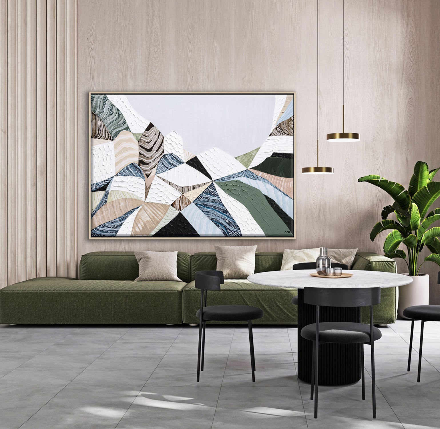 Three Sisters Blue Mountains original abstract landscape painting featuring iconic sandstone rock formation at Echo Point Katoomba Australia, textured contemporary Australian artwork with earthy tones, layered brushstrokes, and dramatic mountain scenery