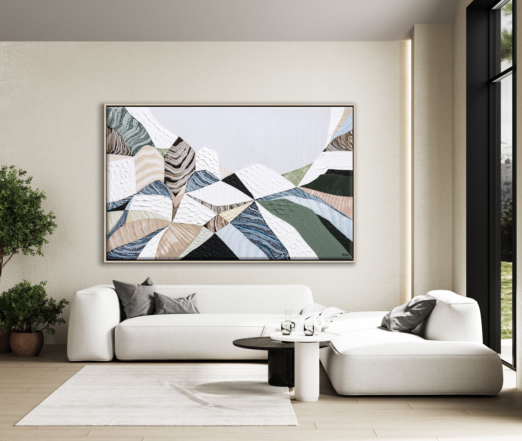 Three Sisters Blue Mountains original abstract landscape painting featuring iconic sandstone rock formation at Echo Point Katoomba Australia, textured contemporary Australian artwork with earthy tones, layered brushstrokes, and dramatic mountain scenery