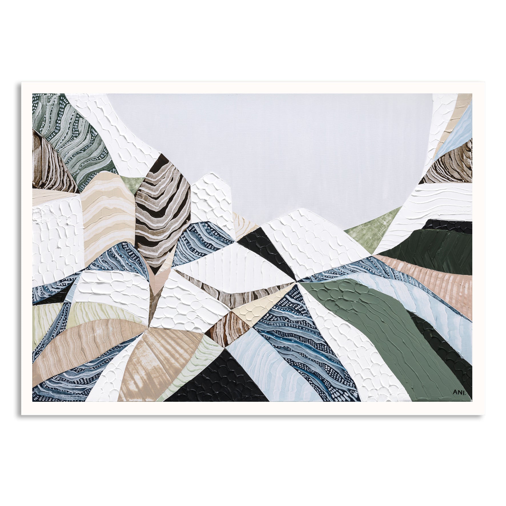Three Sisters Blue Mountains abstract landscape print showcasing iconic sandstone cliffs in Katoomba NSW Australia, modern Australian wall art with earthy colours, textured design, and scenic mountain landscape for home or office decor
