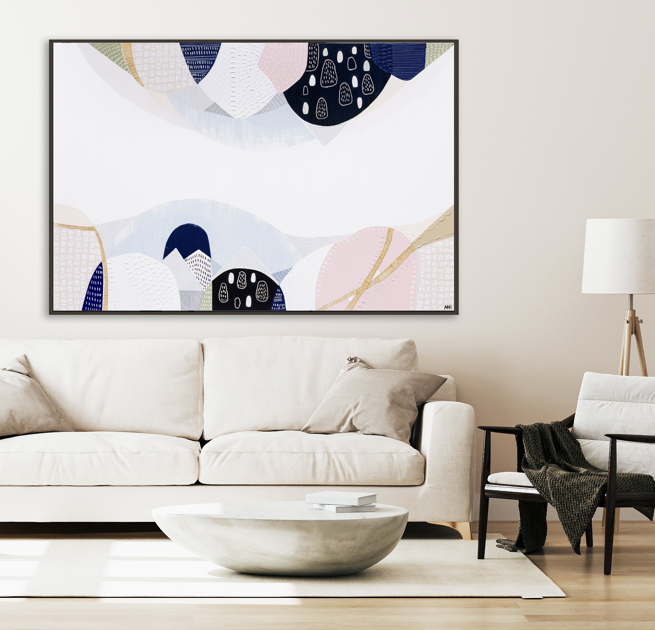 Abstract cityscape print inspired by Melbourne's urban structure, featuring layered textures, natural tones, and references to historic bluestone architecture from the 1850s. Captures the balance of nature and city life in modern Australian design.