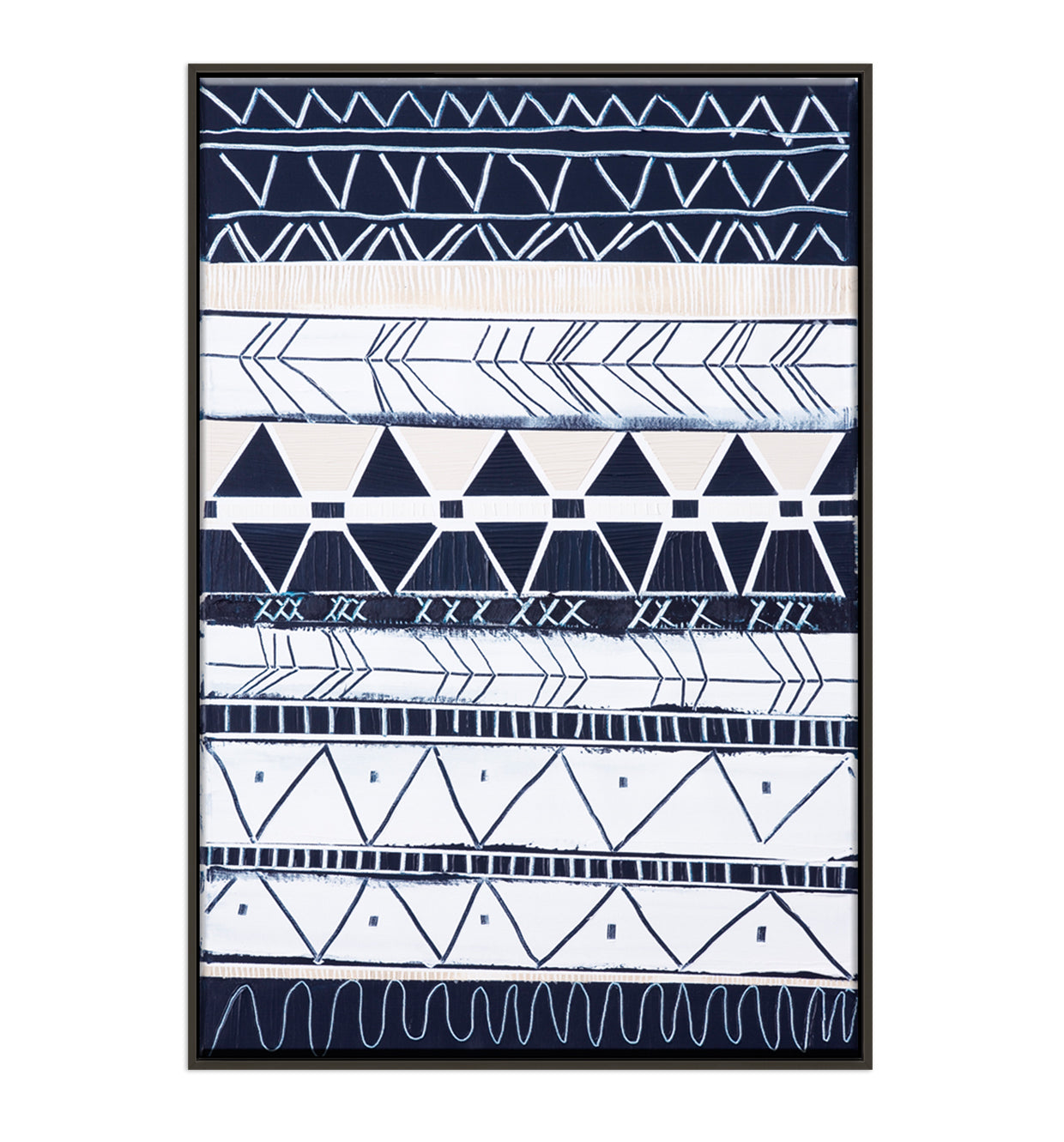 Abstract coastal print titled Bondi Waves 1 by Australian artist Ani Ipradjian. Features flowing ocean waves in soft blues and whites overlaid with tribal patterns inspired by Armenian heritage, reflecting the energy of Bondi Beach. Ideal for coastal and contemporary interiors.