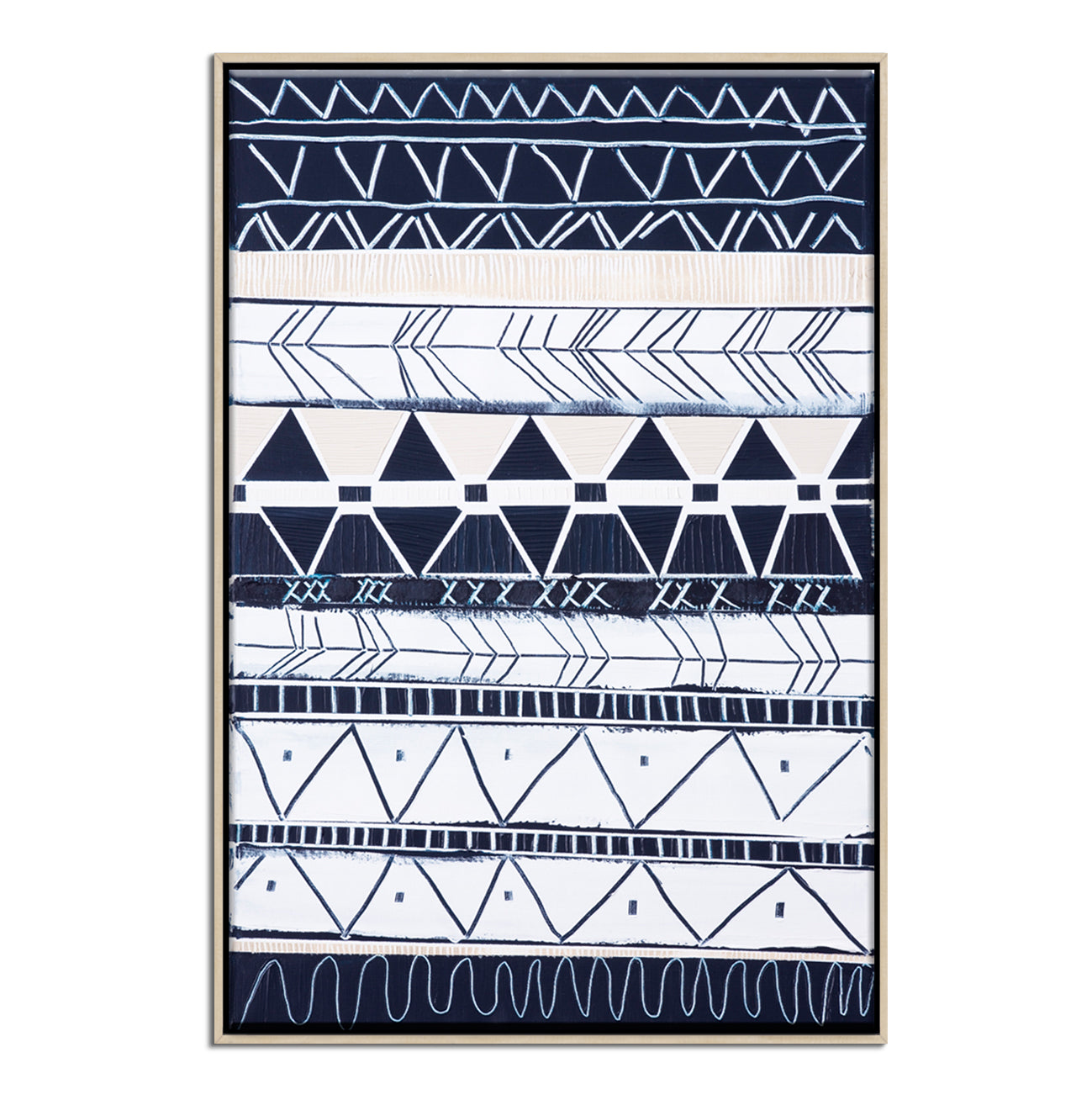 Abstract coastal print titled Bondi Waves 1 by Australian artist Ani Ipradjian. Features flowing ocean waves in soft blues and whites overlaid with tribal patterns inspired by Armenian heritage, reflecting the energy of Bondi Beach. Ideal for coastal and contemporary interiors.