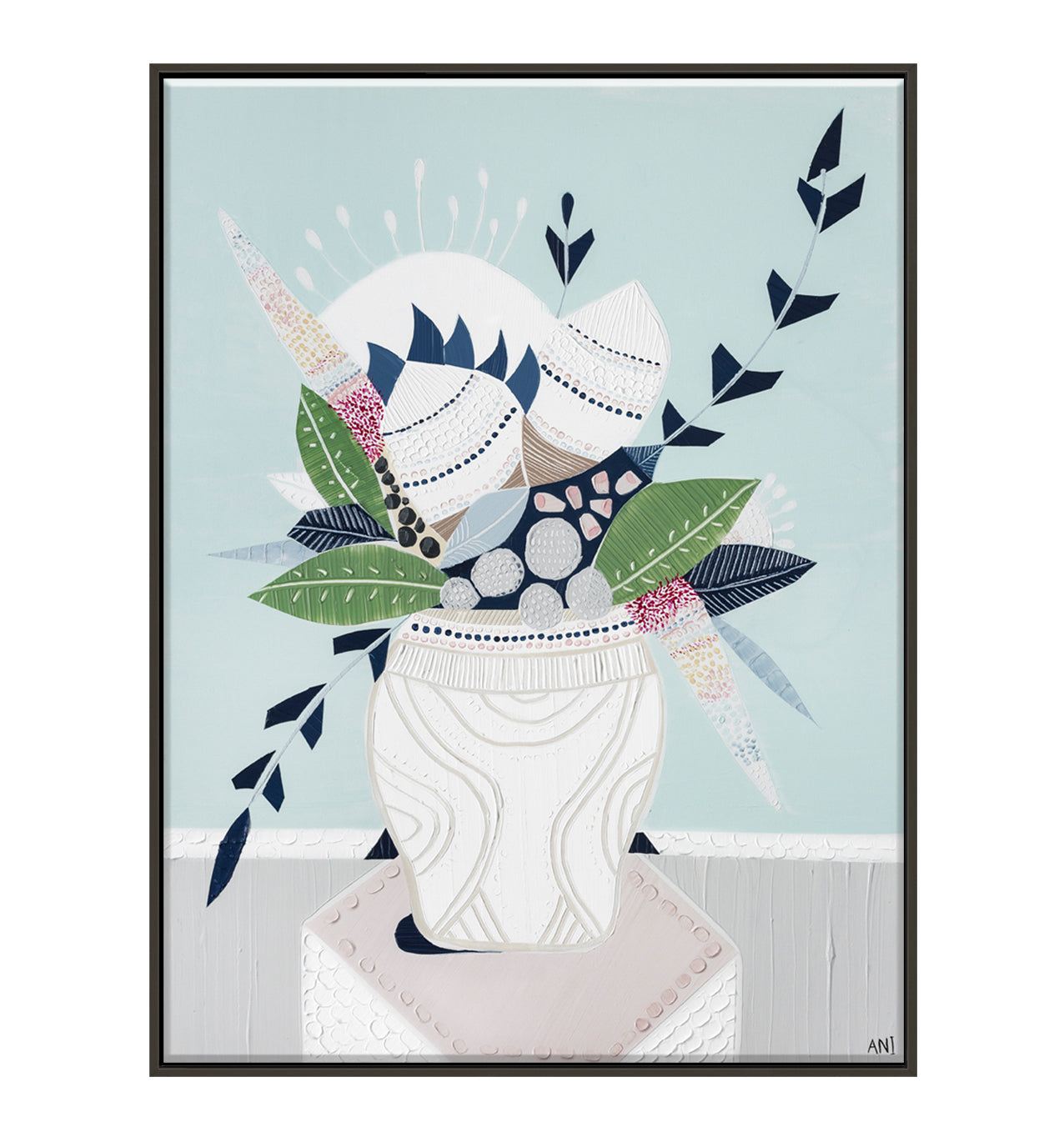 "Wild Banksia Bouquet" print by Australian artist Ani Ipradjian – abstract floral artwork featuring native Banksia flowers and modern coastal tones, ideal for botanical-themed interior decor.