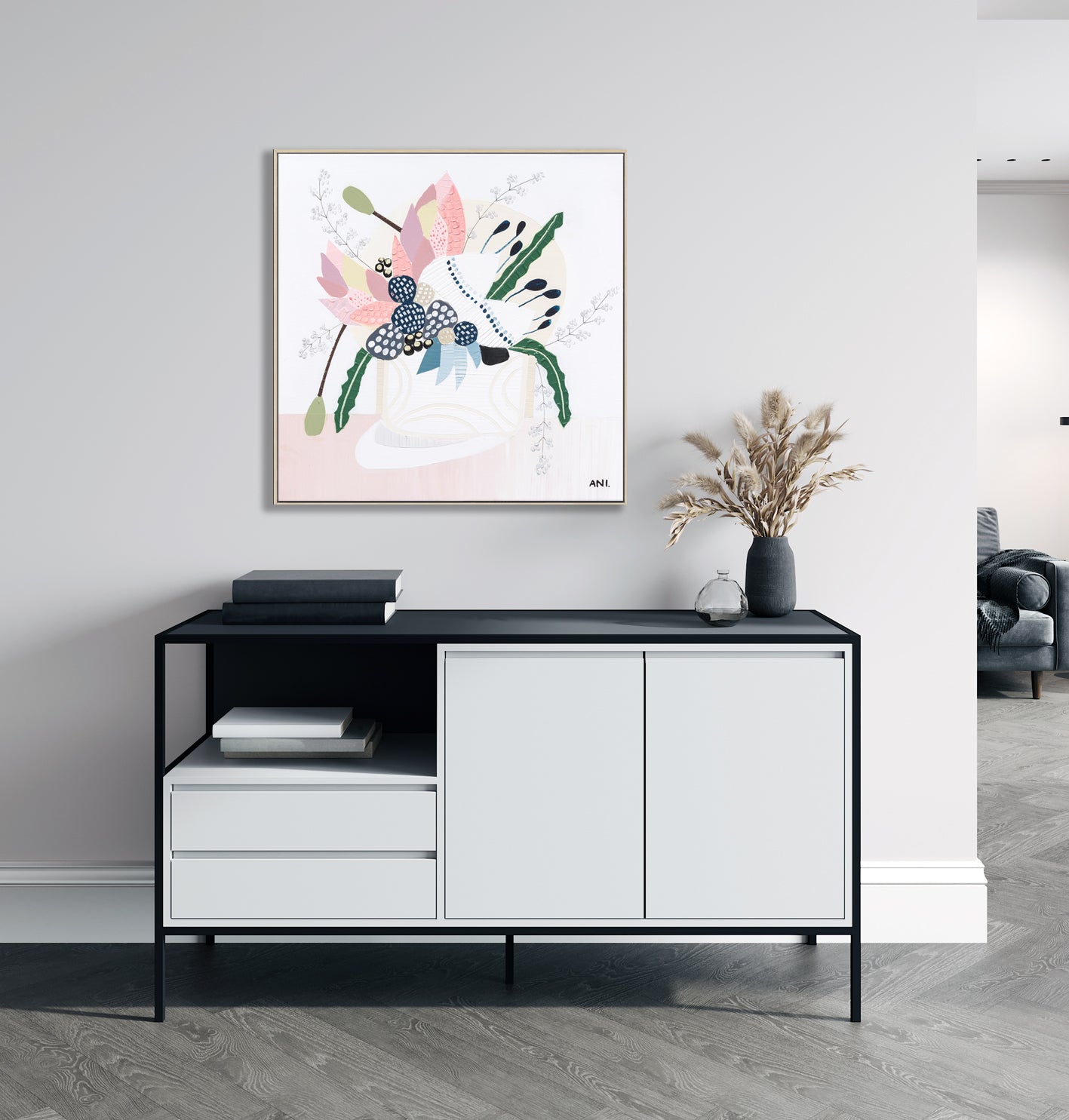 "Wild Flowers" – Original floral painting by Australian artist Ani Ipradjian, featuring Banksia flowers and native wild blooms in a modern coastal palette of pinks, greens, and blues.