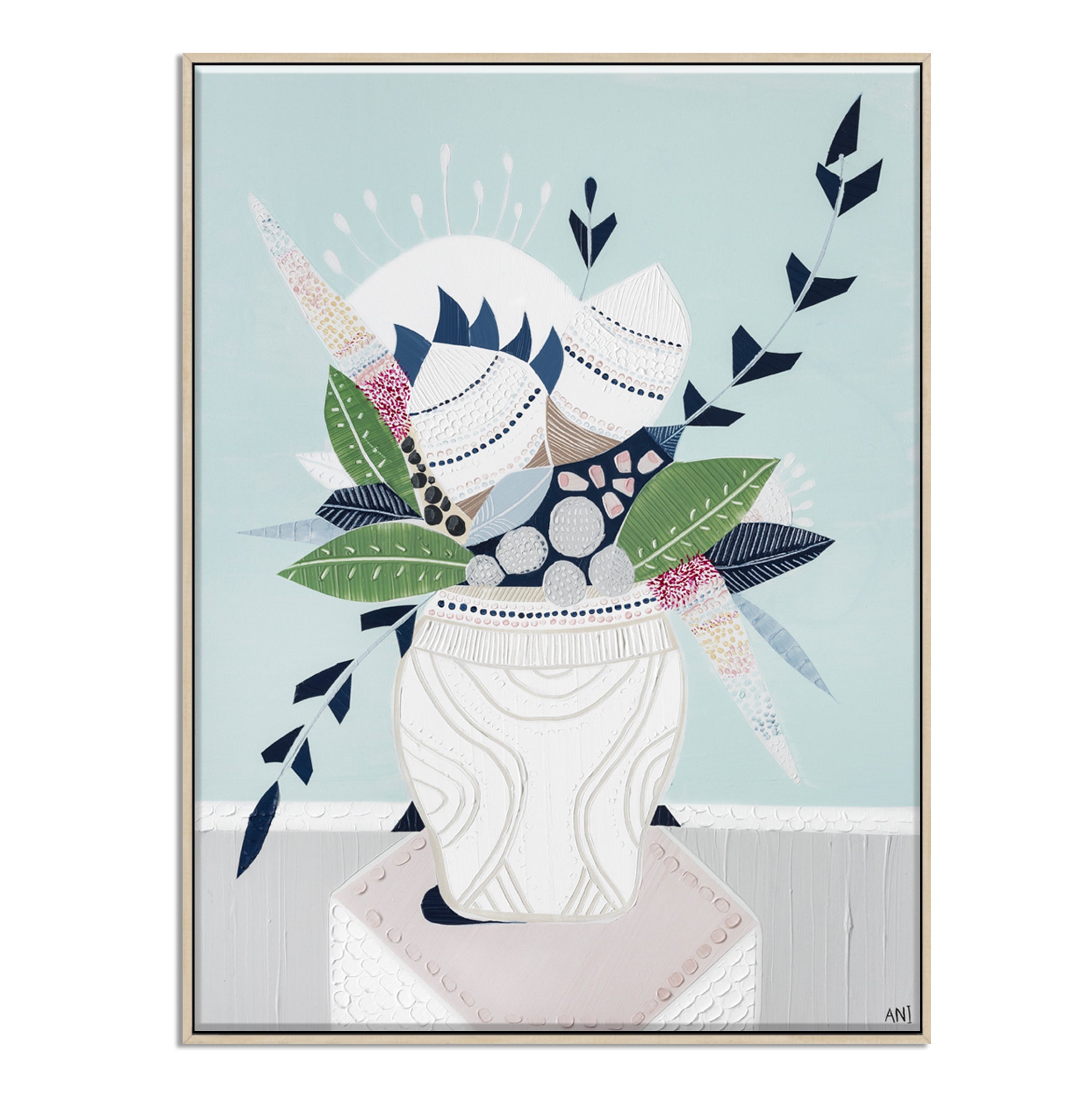 "Wild Banksia Bouquet" print by Australian artist Ani Ipradjian – abstract floral artwork featuring native Banksia flowers and modern coastal tones, ideal for botanical-themed interior decor.
