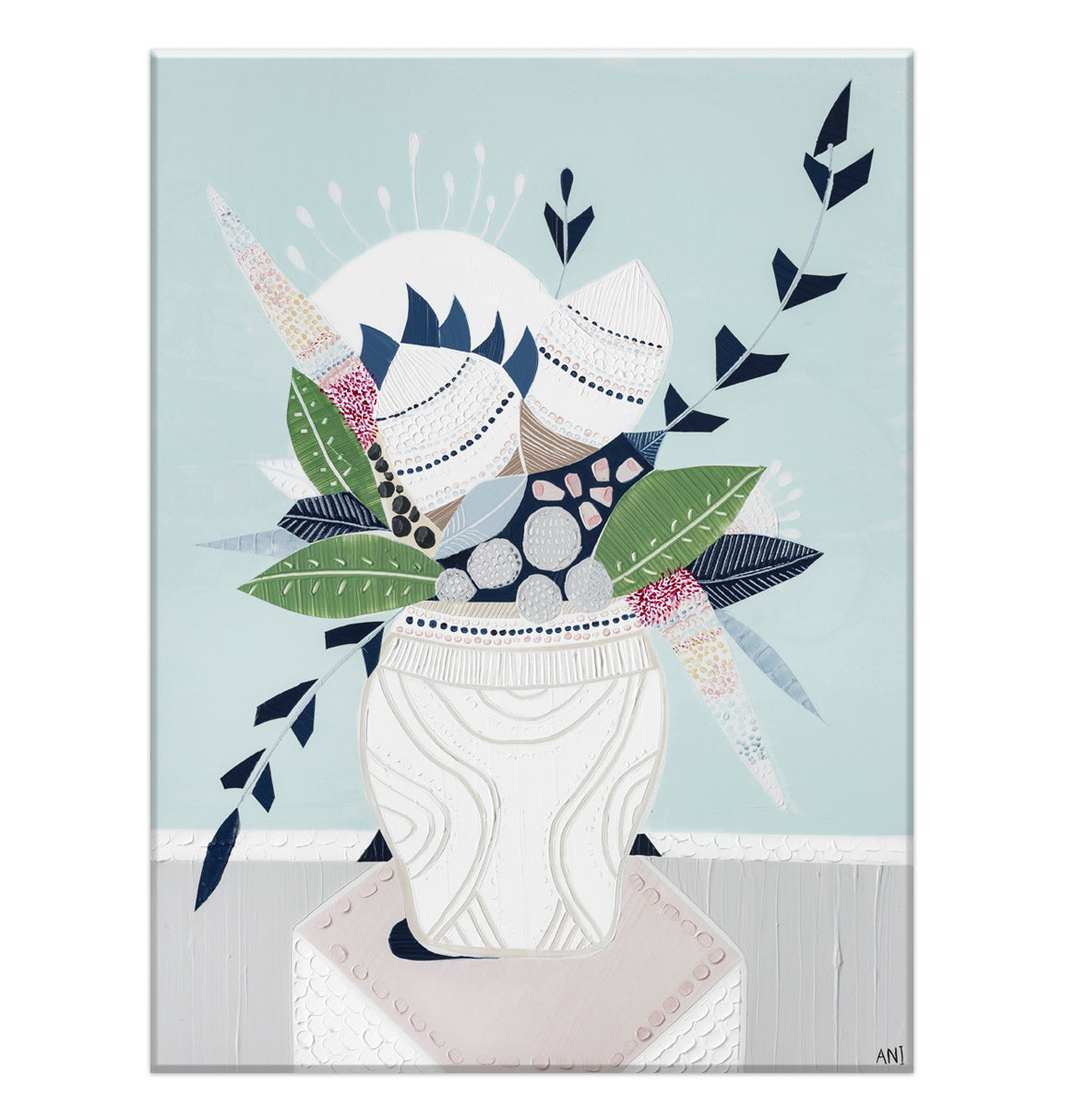 "Wild Banksia Bouquet" print by Australian artist Ani Ipradjian – abstract floral artwork featuring native Banksia flowers and modern coastal tones, ideal for botanical-themed interior decor.