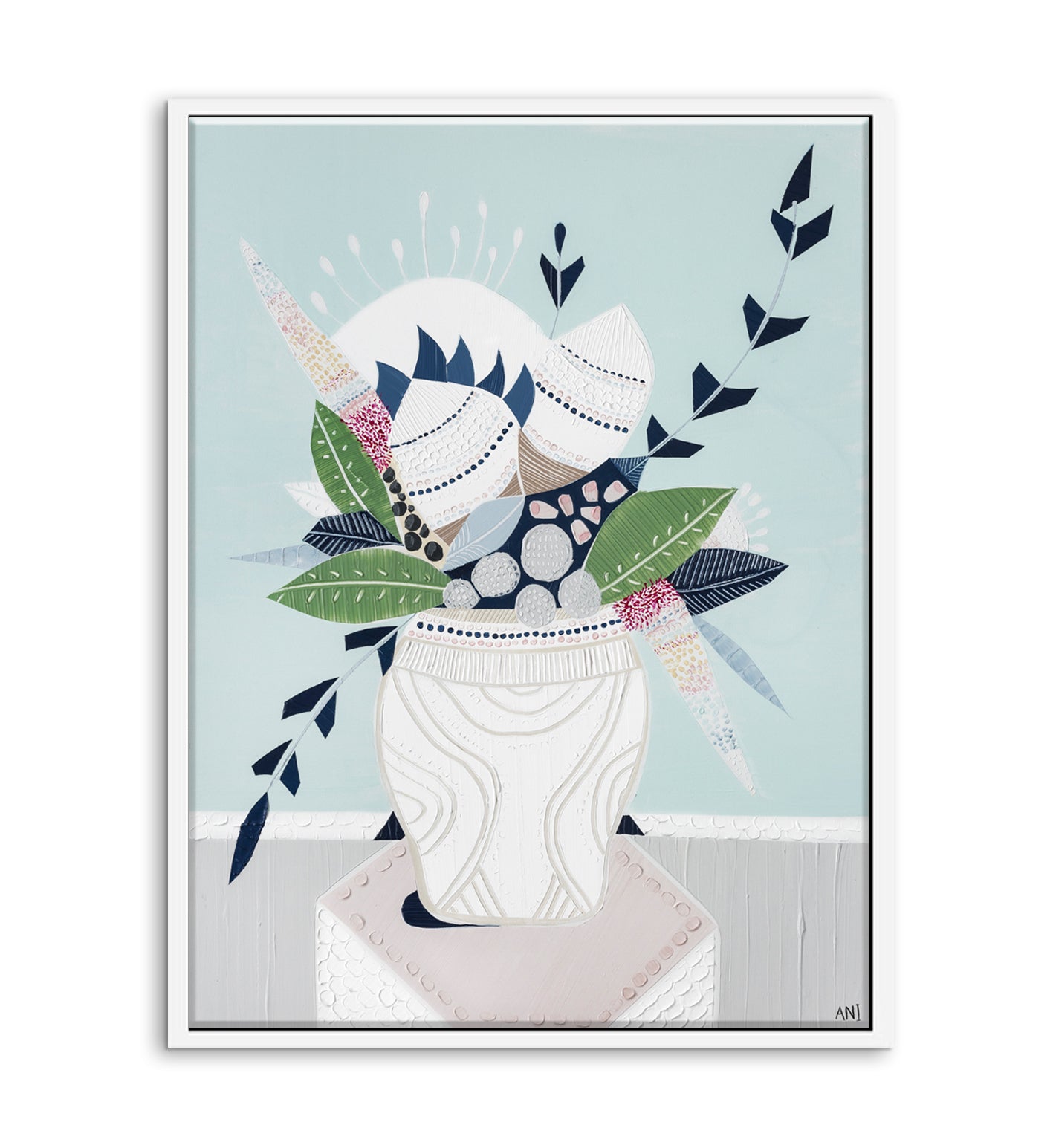 "Wild Banksia Bouquet" print by Australian artist Ani Ipradjian – abstract floral artwork featuring native Banksia flowers and modern coastal tones, ideal for botanical-themed interior decor.