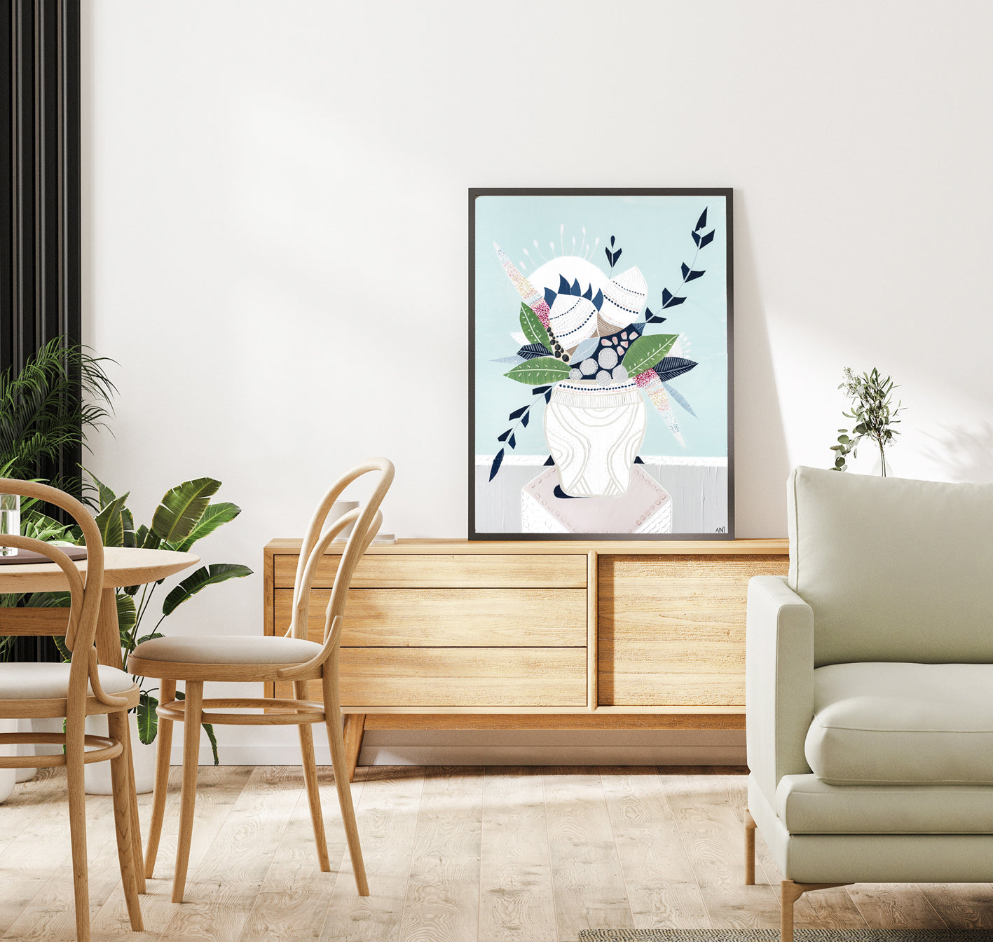 "Wild Banksia Bouquet" print by Australian artist Ani Ipradjian – abstract floral artwork featuring native Banksia flowers and modern coastal tones, ideal for botanical-themed interior decor.