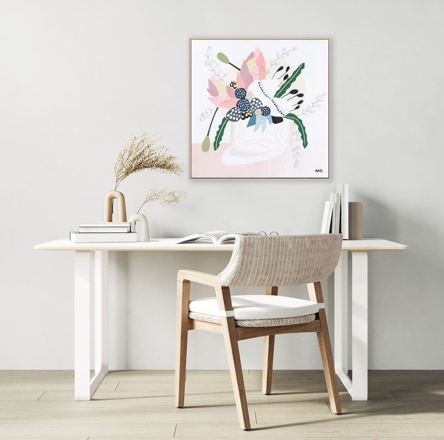 "Wild Flowers" – Original floral painting by Australian artist Ani Ipradjian, featuring Banksia flowers and native wild blooms in a modern coastal palette of pinks, greens, and blues.