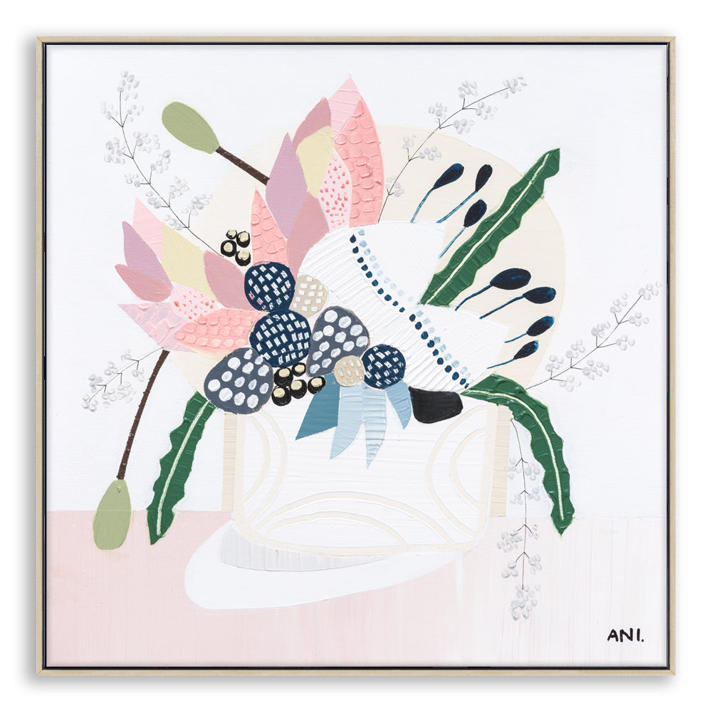 "Wild Flowers" – Original floral painting by Australian artist Ani Ipradjian, featuring Banksia flowers and native wild blooms in a modern coastal palette of pinks, greens, and blues.