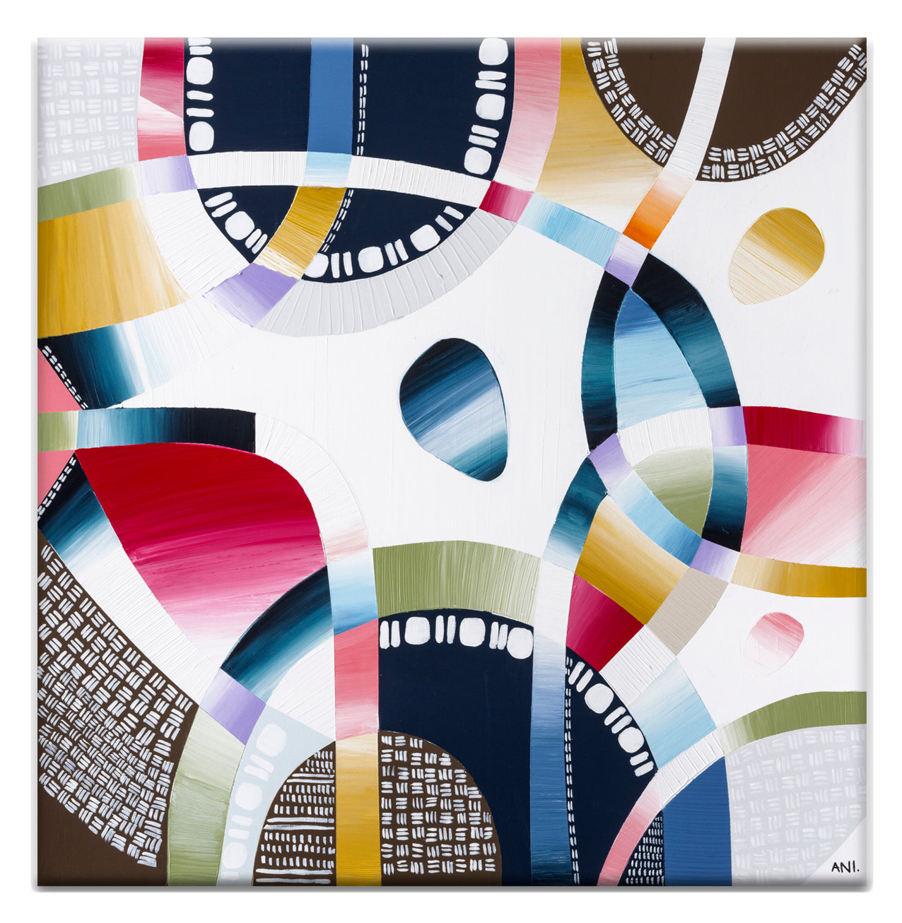 Yarra Walk print by Ani Ipradjian – textured abstract aerial landscape featuring the Yarra River with natural greens, blues, and golds inspired by Melbourne’s native bushland.