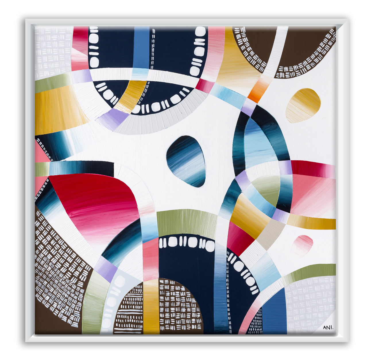 Yarra Walk print by Ani Ipradjian – textured abstract aerial landscape featuring the Yarra River with natural greens, blues, and golds inspired by Melbourne’s native bushland.