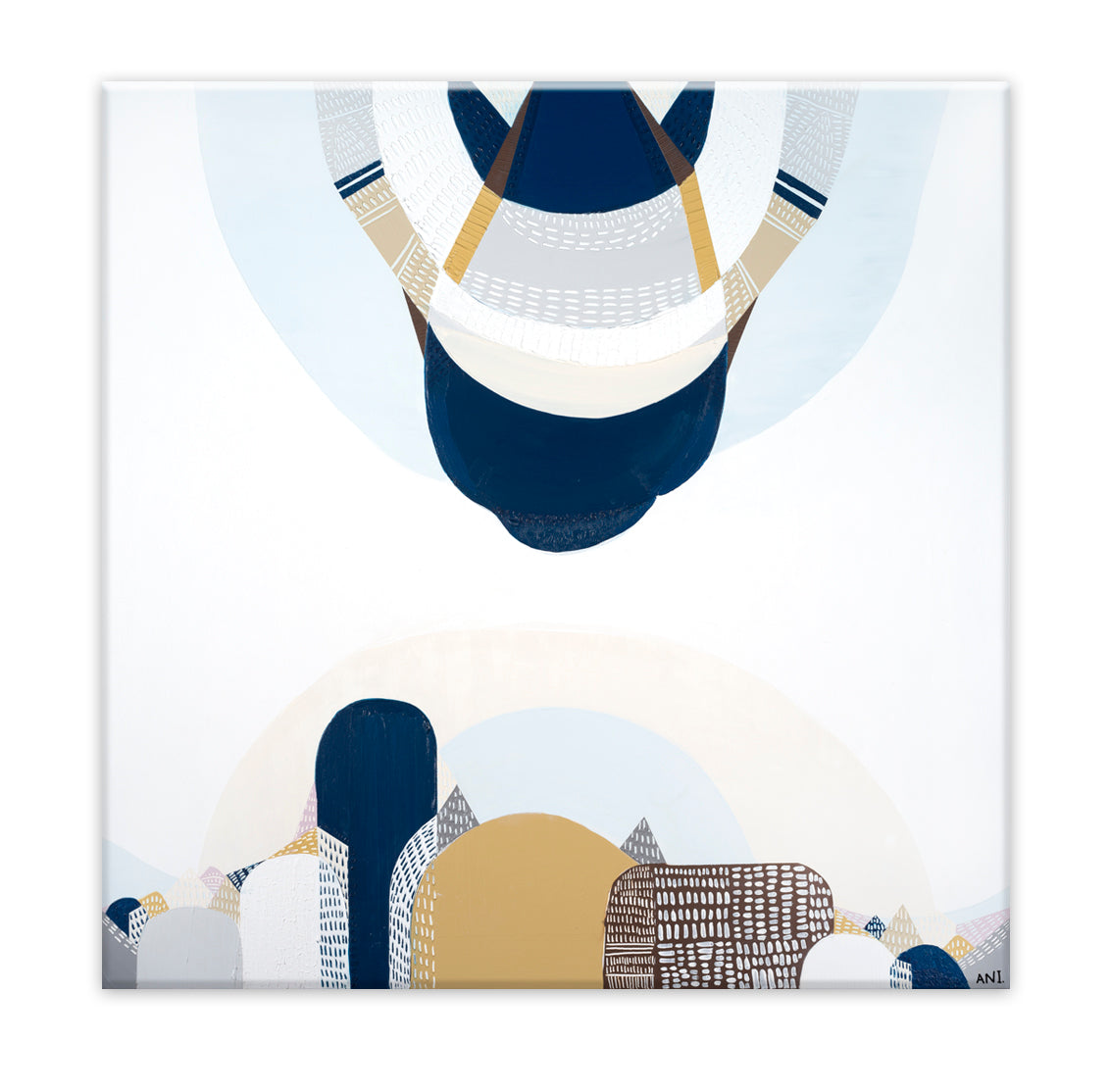 "Blue Mountains" print by Australian artist Ani Ipradjian – abstract landscape artwork inspired by the natural blue haze of Sydney’s eucalyptus-covered Blue Mountains, perfect for serene and modern interiors.