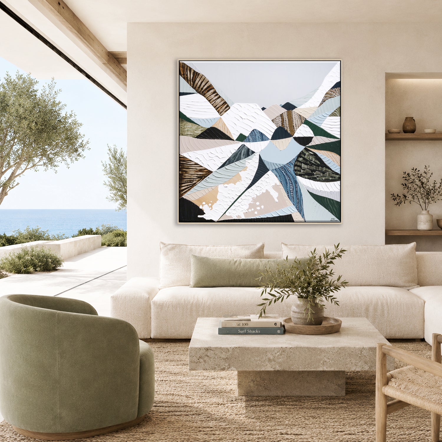 Great Dividing Plateau 14 Australian abstract mountain landscape painting and art print by Melbourne-based, Australian-based artist Ani Ipradjian, inspired by the Great Dividing Range, featuring earthy browns, sage greens, rich textures and native Australian bushland.