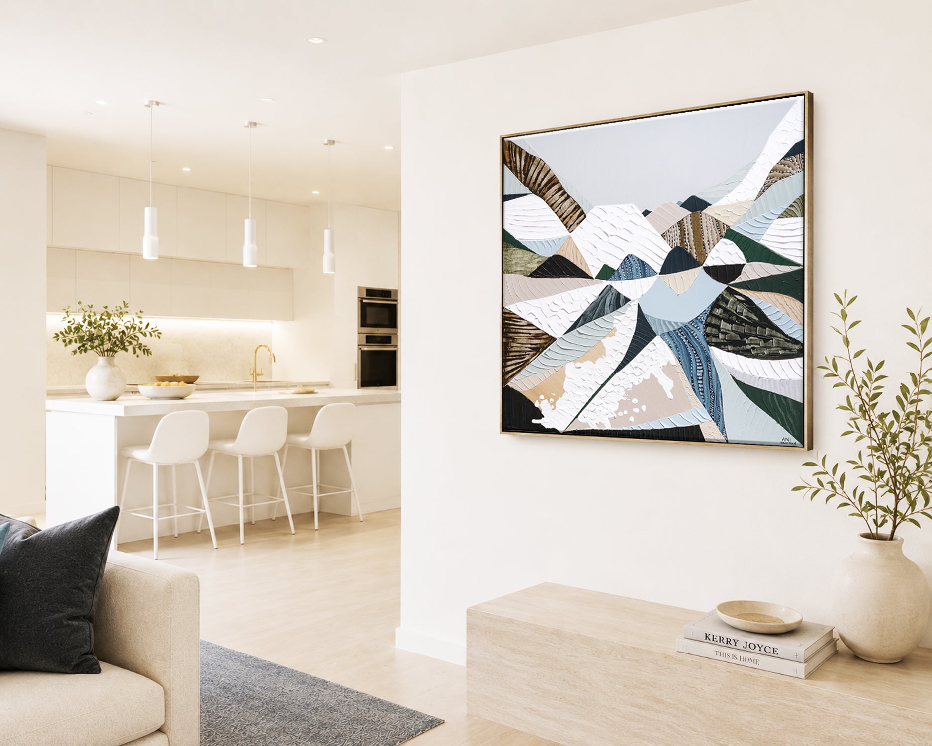 Great Dividing Plateau 14 Australian abstract mountain landscape painting and art print by Melbourne-based, Australian-based artist Ani Ipradjian, inspired by the Great Dividing Range, featuring earthy browns, sage greens, rich textures and native Australian bushland.