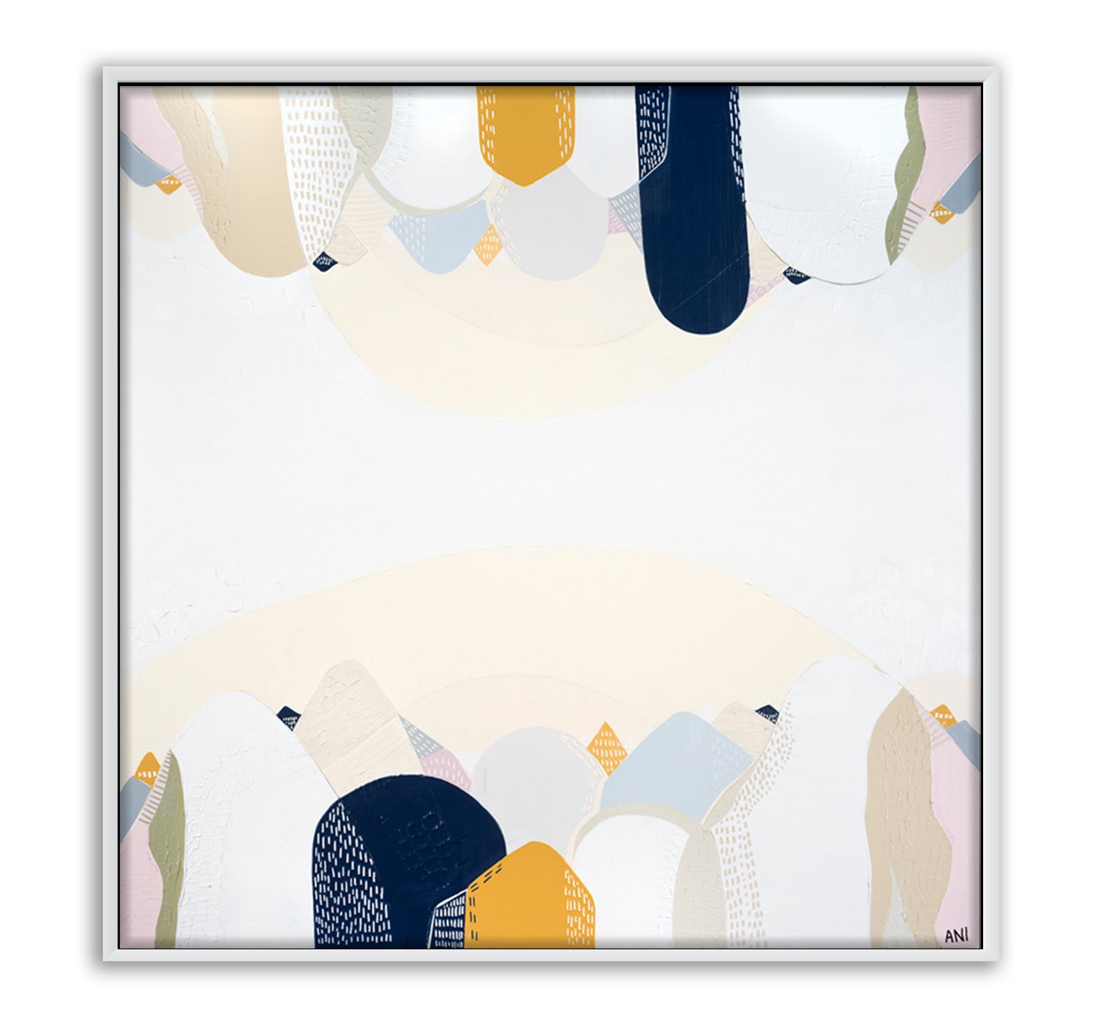 "Abstract landscape print of the Snowy Mountains by Australian artist Ani Ipradjian, inspired by the alpine region in New South Wales. Features cool tones and natural textures representing Australia’s highest mountain range. Ideal for nature lovers, collectors of Australian landscape art, and interior design styling."