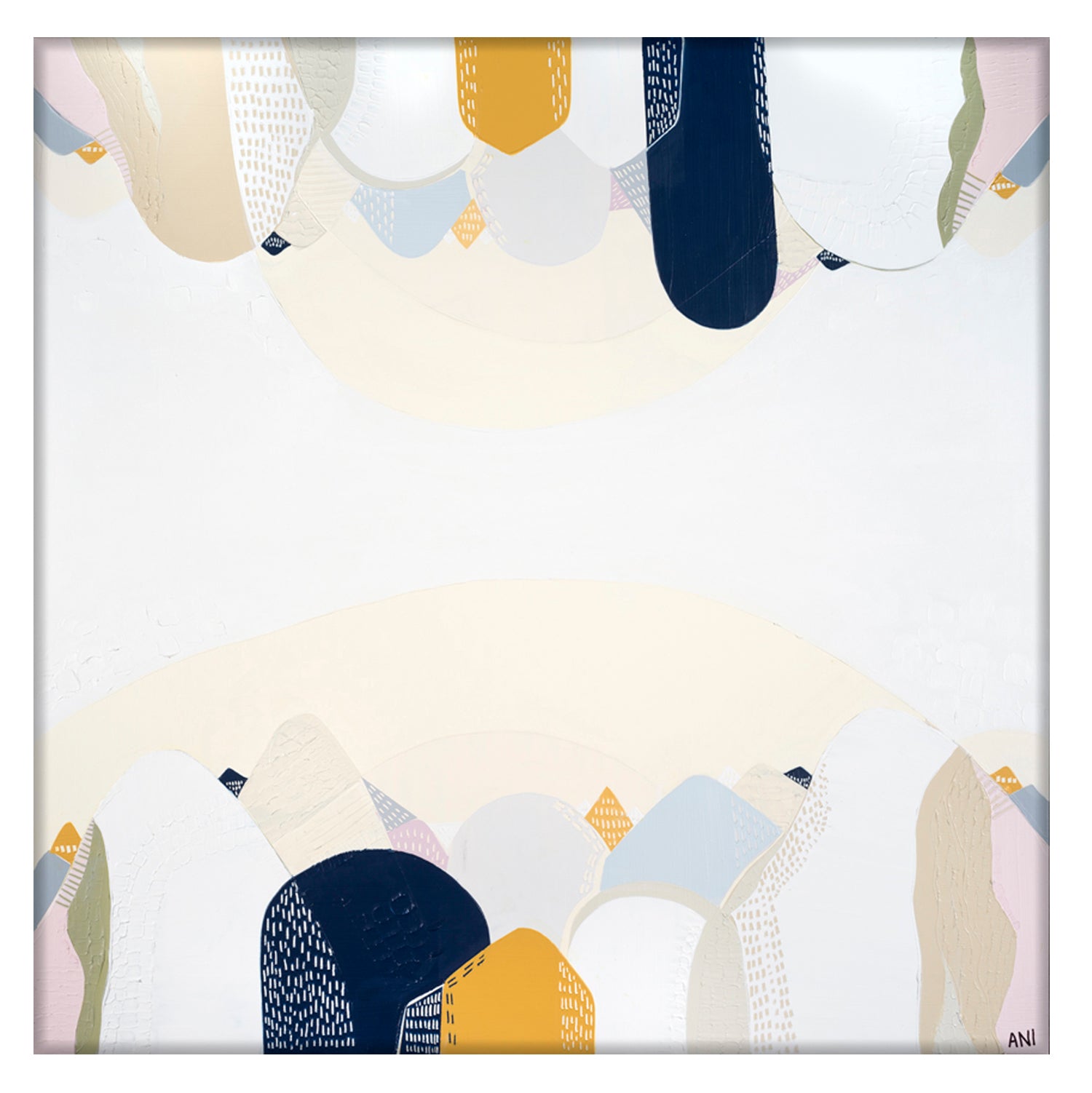 "Abstract landscape print of the Snowy Mountains by Australian artist Ani Ipradjian, inspired by the alpine region in New South Wales. Features cool tones and natural textures representing Australia’s highest mountain range. Ideal for nature lovers, collectors of Australian landscape art, and interior design styling."