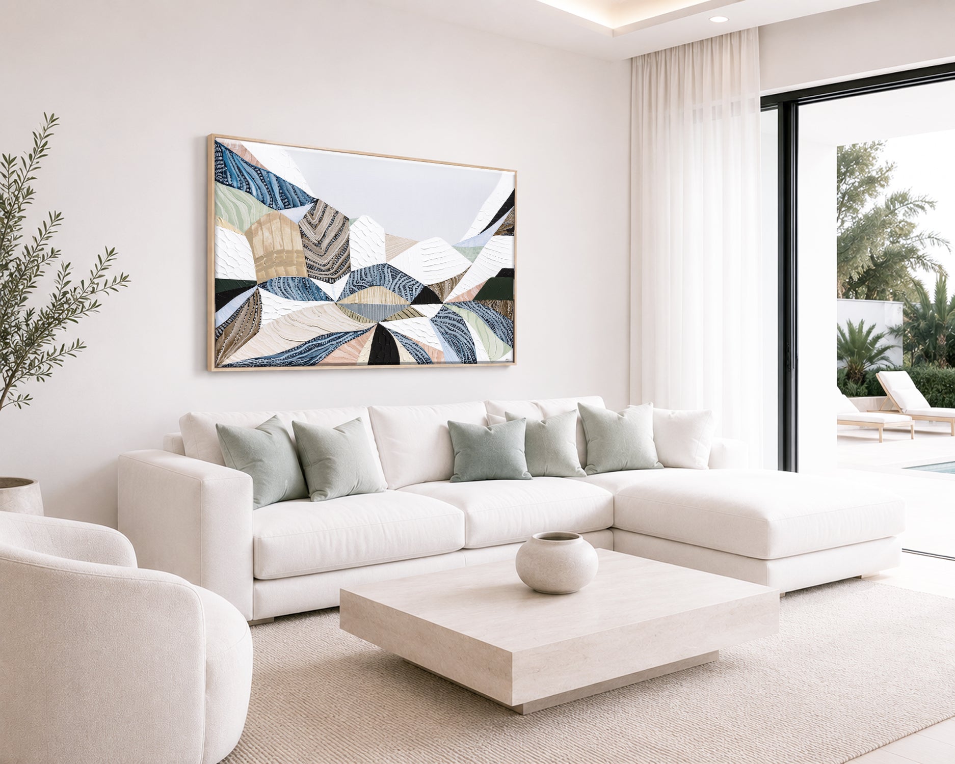Three Sisters original abstract landscape painting by Australian artist Ani Ipradjian, inspired by the iconic Blue Mountains in Katoomba, New South Wales. Contemporary Australian wall art featuring rich textures, earthy tones, sandstone formations, and expressive colour, celebrating one of Australia's most famous natural landmarks for art collectors and modern interiors.