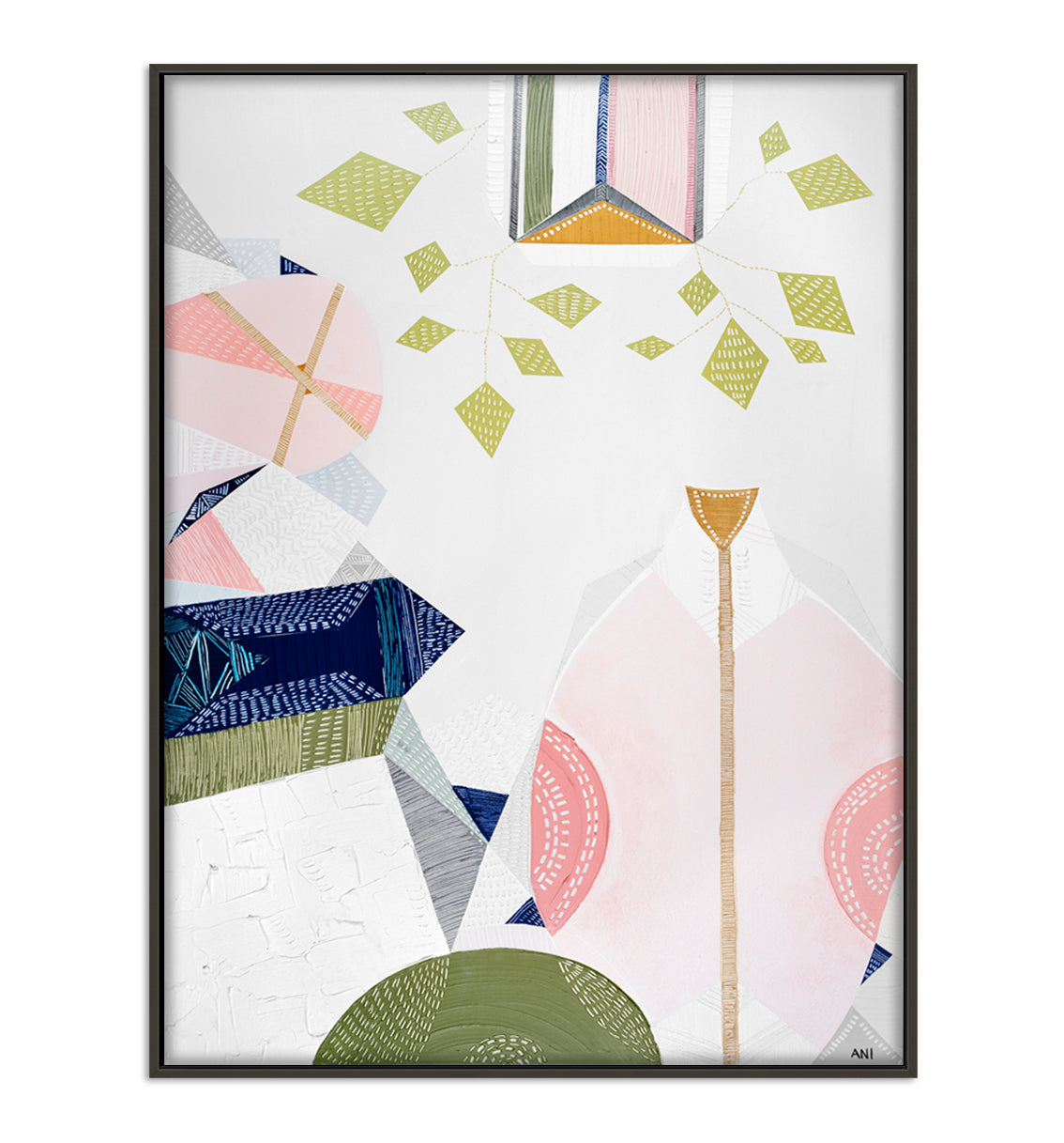 Urban Melbourne abstract print by Ani Ipradjian featuring warm retro tones and hanging vine-inspired shapes, celebrating 1970s interiors and Melbourne’s vibrant city life. Ideal for art collectors and interior decor inspired by Australian cityscapes.