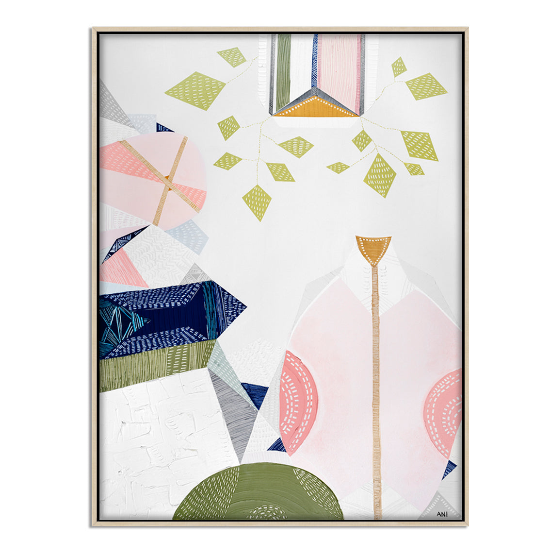 Urban Melbourne abstract print by Ani Ipradjian featuring warm retro tones and hanging vine-inspired shapes, celebrating 1970s interiors and Melbourne’s vibrant city life. Ideal for art collectors and interior decor inspired by Australian cityscapes.